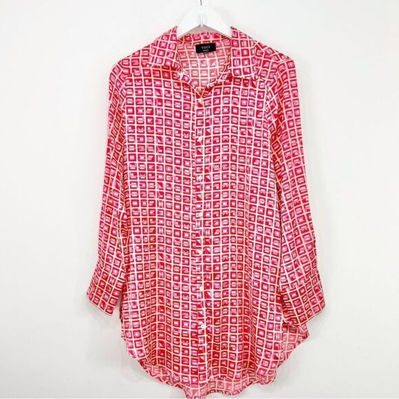 VICI Brenleigh Pink Red Geometric Print Poly Satin Button Down Tunic Mini Dress - Picture 1 of 16